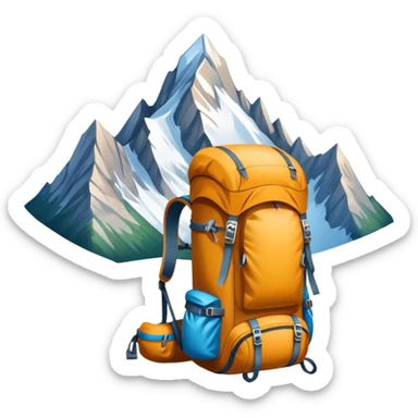 Icon for Mountain Tourism and Climbing: a mountain peak in the background, climbing gear and backpack. The icon should capture the adventure and challenge of alpine exploration. Transparent background. sticker