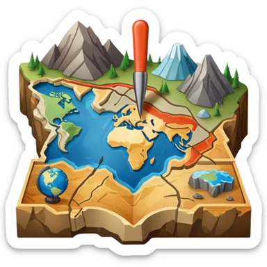 An icon featuring a crowbar and a geological map, and layers of Earth’s crust, symbolizing geology. The design includes mineral samples, fossils, and tectonic plates, representing the study of Earth’s structure and natural processes. Transparent background highlights geological exploration sticker