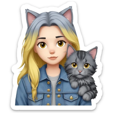 girl with black and yellow hair wearing denim jacket with gray maine coon cat sticker
