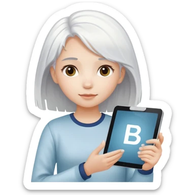 A young white hair girl, with a gradient in the hair. She holds a tablet is in your hands. The word "ВАЖНО" is on the sign  sticker