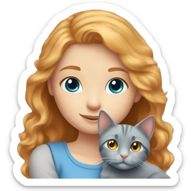 strawberry blonde girl with blue eyes cuddling grey cat sticker