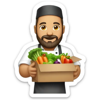 A CHEF WITH A SURPRISE BOX full of vegetables with no hat chef and a beard sticker