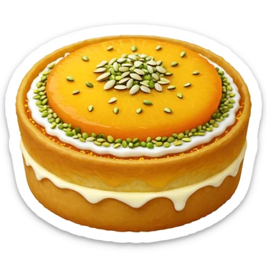 A small round emoji of traditional kanafeh with golden-orange crispy threads, a gooey white cheese center, and a light sprinkle of green pistachios. Warm and delicious-looking. sticker