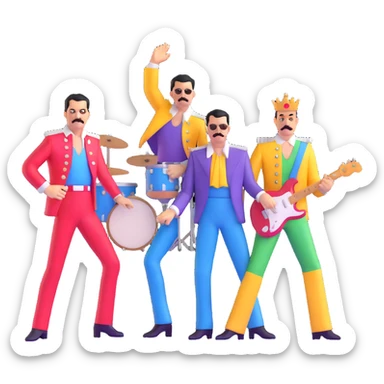 Freddie Mercury with Queen band members in colorful outfits sticker