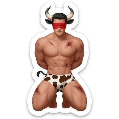 handsome extra large muscular man covered with scars with large breasts with bull horns and cow ears and bull tail with red blindfold dressed in thongs with brown cow print with big bulge sits on his knees with hands tied behind the back front view sticker