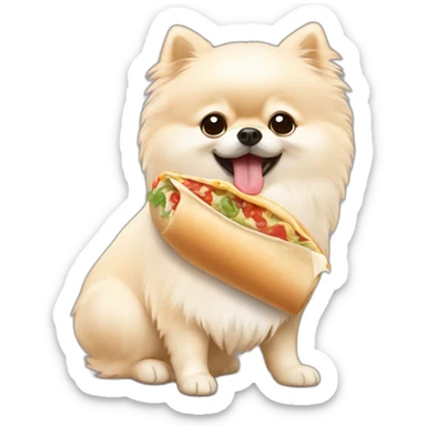 cream pomeranian eating a burrito sticker