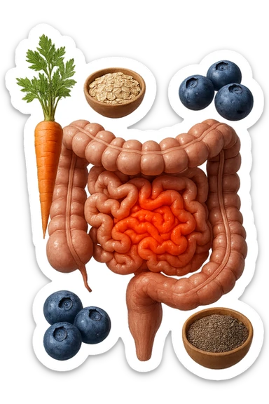 intestino umano anatomico infiammato al centro con carota, bowl di avena, mirtilli, bowl di semi di chia che gli fluttuano intorno , iperrealistico 4k sticker