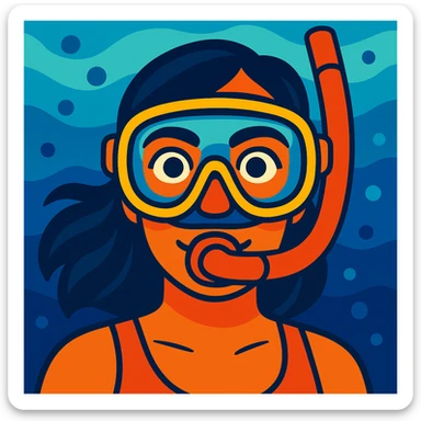 illustration of a woman wearing a snorkeling mask, face visible, mask and snorkel emphasized sticker