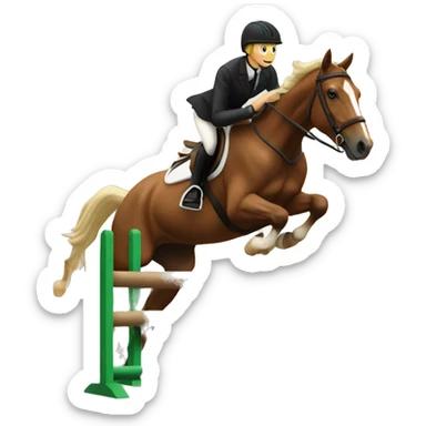 Brown horse jumping over jump with blond rider sticker