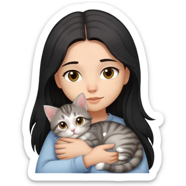  girl with black long hair, light-medium skin, brown eyes snuggling light grey tabby kitten sticker