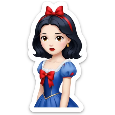 Cinematic Elegant Snow White Portrait Emoji, rendered in a realistic, vector-style with minimal shading and bold, simplified shapes. Depict Snow White (chest and above) with flawless porcelain skin, expressive deep brown eyes, and lustrous raven hair neatly styled with a red bow, wearing her classic blue and gold dress. The image glows with a soft, pure radiance and high shine, capturing timeless beauty and gentle grace. sticker