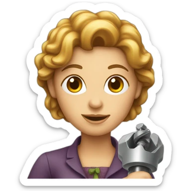 A lady holding a large screw  sticker