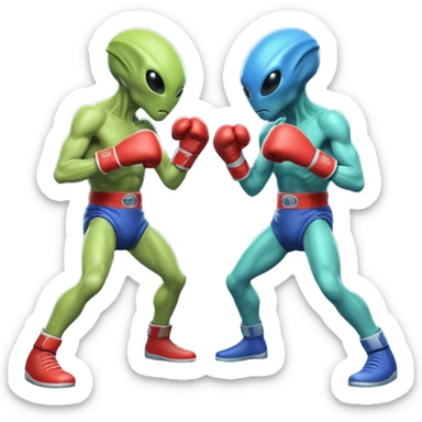 two aliens boxing in a fight stance, facing each other with raised gloves, dynamic action pose, intense expressions, sci-fi arena vibe, 3D cartoon style, mobile game icon style, clean background, no text, no watermark
 sticker