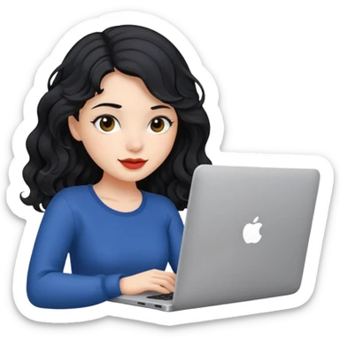 Beautiful girl, with black hair, with wavy hair, and with a laptop  sticker