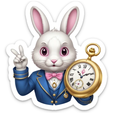White rabbits pointing at a pocket watch sticker