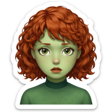 quero que você cria uma mulher, o rosto dela. nela, ela tem cabelo curto e ondulado, tem franja e ela tem semblante triste, deixe ela com pele verde. cabelo cacheado(avermelhado). ( ela tem aparência terroristica) olhos anormais assim como a boca) deixe ela com sardas sticker