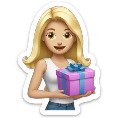 white blond woman opening gift sticker