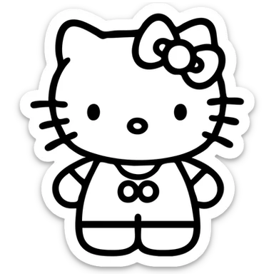 Hello Kitty outline icon style, minimal detail, black lines, no fill, white background sticker
