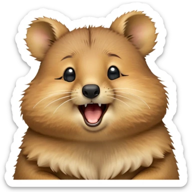 cinematic-realistic  yawning quokka-emoji,-small-round-frame, head tilted in an endearing manner, wouth wide open yawning, sleepy comical smile, round fluffy cheeks, giant-fluffy-cheeks-large-smile-fluffy-brown-fur-radiating-a-warm-softness,-big-round-eyes-filled-with-joy, realistic round  fluffy zoomed in, large black eyes one paw raised in the air sticker