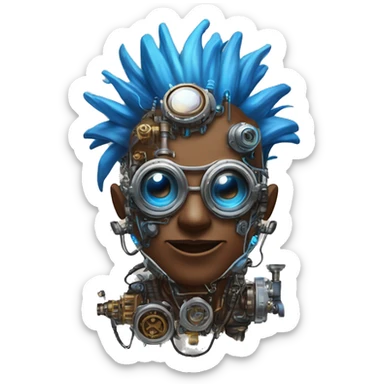 Brown cyborg head with blue Mohawk, blue beard, silver steampunk monocle goggles a smile and circuits sticker