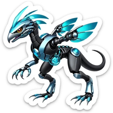 Shiny Dark Futuristic Celestial Glossy-Metallic-Alloy Cyborg-Fakemon-Pokemon-Digimon-Spectrobes-Raptor-fusion, full body, four legs, black body, cyan accents, scales sticker