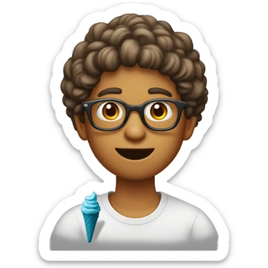un adolescente de 18 años de pelo rizado castaño con lentes, comiendo un helado  sticker