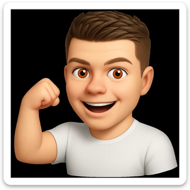 Based on these photos, make an emoji with facial features intact, man in white t-shirt, showing muscles sticker