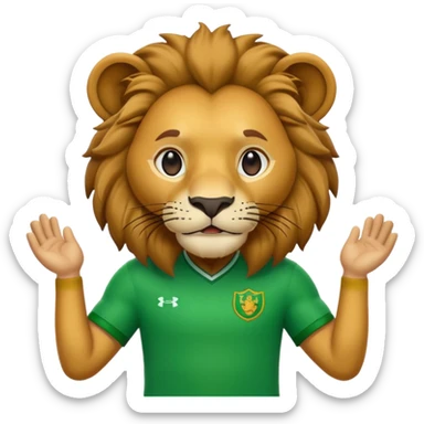 An emoji of a lion in a cartoonish, friendly, and expressive style. The lion should be wearing a bright green sports jersey with a simple and minimalist design, in the style of classic emojis sticker