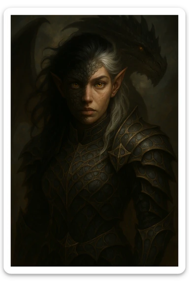 Make the character a girl, keep half human half dragon, with silver hair that has black at the top, in a fantasy style. Focus on a detailed and dramatic fantasy look with the hybrid human-dragon features. sticker