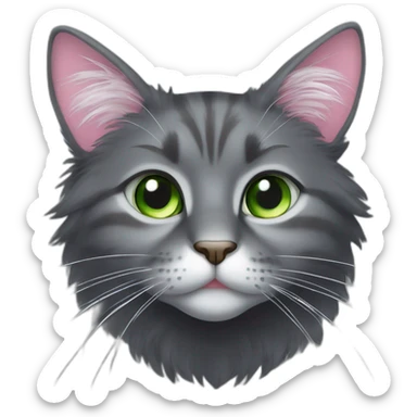 fluffy dark grey cat with pink-grey nose, green eyes and white long whiskers, near the nose there are white spots sticker