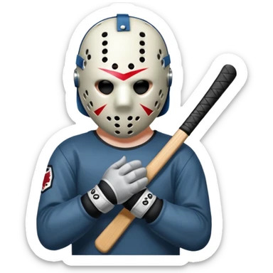 a cartoon image of Jason Voorhees, looking cute, with his hands clasped in front of him, at a sideways angle sticker