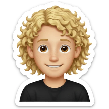 blonde boy with long curly hair past his ears, smiling, wearing a black shirt with freckles sticker