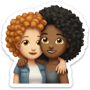 A mixed girl with curly black hair hugging a ginger girl sticker