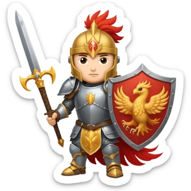Warrior with a shield with a phoenix on it and a sword in heavy armor sticker