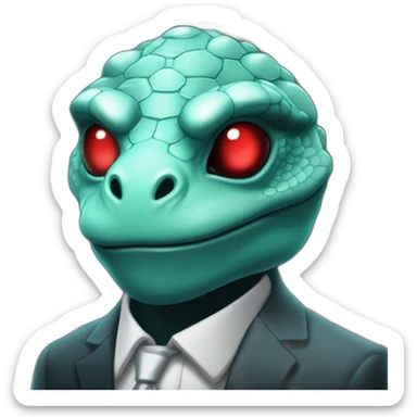Aquamarine reptilian in classic black suite with red laser eyes on the middle of platinum coin sticker