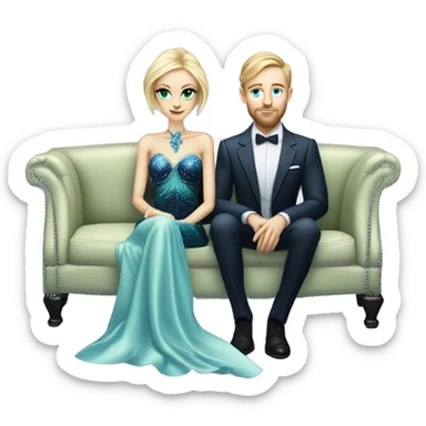 light green skin alien blonde woman in long slim pastel blue formal party satin dress with gradient shiny sparkling navy blue diamonds embroidered , and caucasian man in black dress, sitting on a beige couch  sticker