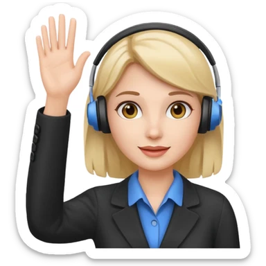 female phone support agent, waving, headset sticker