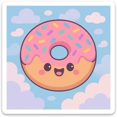 kawaii donut with rainbow sprinkles and happy face, floating in a dreamy cloud background, pastel toon style sticker
