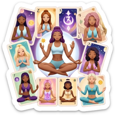 Telegram sticker pack, spiritual and magical sexy girls wearing magic clothes and outfits, doing different thing like yoga, magic , numerology, astrology, taro, cards. In some stickers put brand Resurs.space sticker