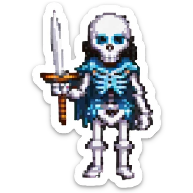 pixel art skeleton wielding a sword, facing forward sticker