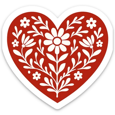 Add a white outline around the motif so it stands out against the red heart. Keep the motif simple and bold, maintain the red color and the border around the heart. The style should be Scandinavian folk art. Transparent background. sticker