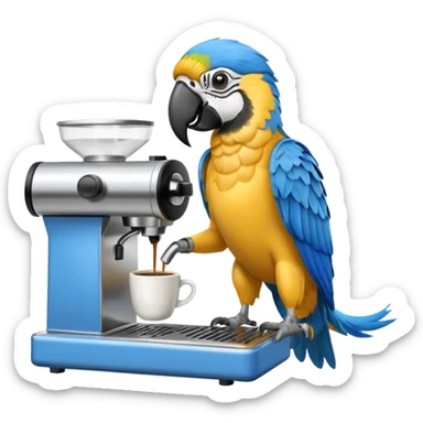 yellow and blue macaw using a espesso machine sticker