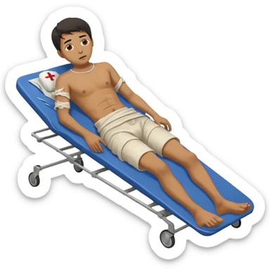 
a man of oriental appearance, dressed in torn clothes, full-length, unconscious, in a prone position, with injuries on a medical stretcher, 1980 sticker