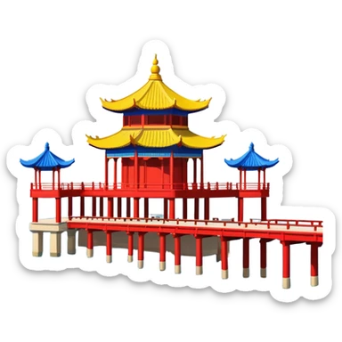 Qingdao Zhanqiao Pier with pavilion over sea, simplified emoji style with bold outlines and bright colors, cartoon style traditional Chinese pavilion on pier sticker