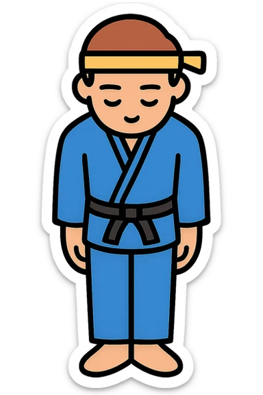 karate kid bowing respectfully, blue gi, calm and focused, minimal flat icon style sticker