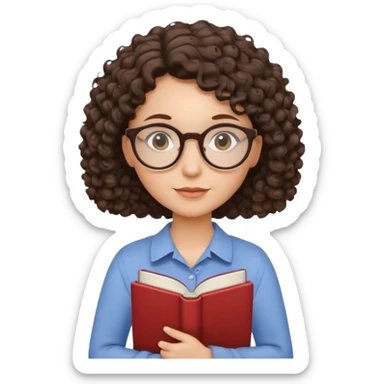 female English teacher with glasses and wearing a shirt, holding an English book. I have dark brown a little curly hair. My glasses are rather round than square shape. sticker