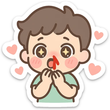 anime-style emoji of a shocked cartoon boy, wide eyes, red nosebleed, blushing cheeks, surrounded by hearts sticker