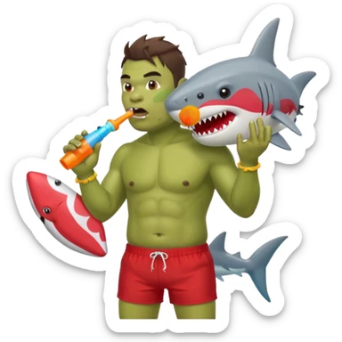 orc male in shark floatie, blowing whistle. Red swim trunks sticker