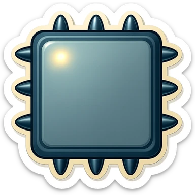 Make all spikes on the side edges of the metal slab short, fat, and very pointy triangular. Each spike should point directly up, down, left, or right (perpendicular to the edge it is on). Keep the head-on view, retro sticker style, and transparent background. sticker