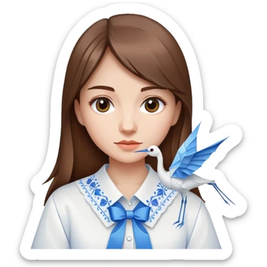 A Ukrainian young girl with brown hair wearing a white embroidered shirt holds an origami blue crane sticker